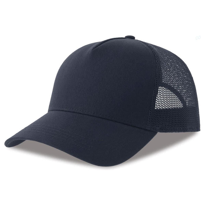 A navy trucker cap featuring mesh detailing and a curved brim. Includes a logo on the front.