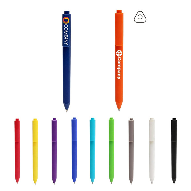 A triangular grip pen in multiple colours, including blue, orange, red, yellow, green, and black, with a logo.