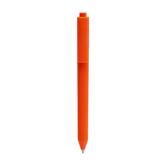 An orange triangular grip pen with a clip and a visible writing tip, featuring a logo.