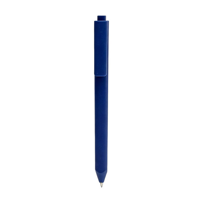 A triangular grip pen in blue with a clip on the side. The pen features a sleek design and a pointed tip.