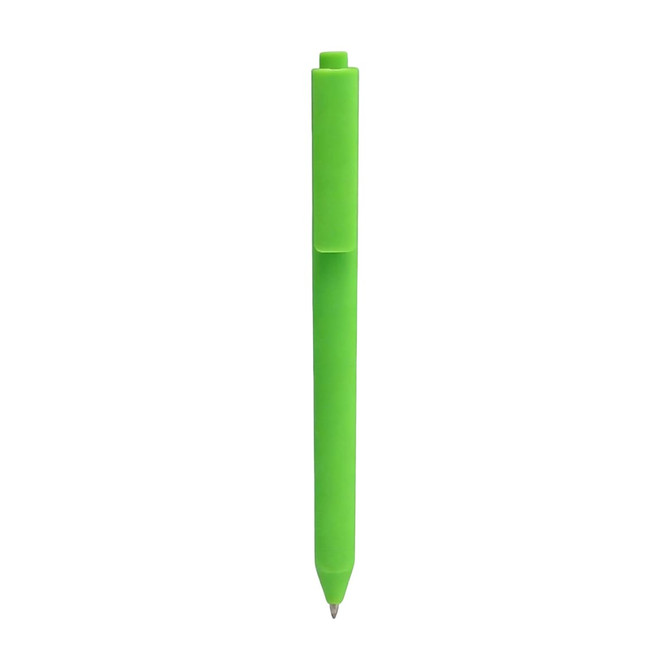 A triangular grip pen in bright green with a clip and a black ink tip.