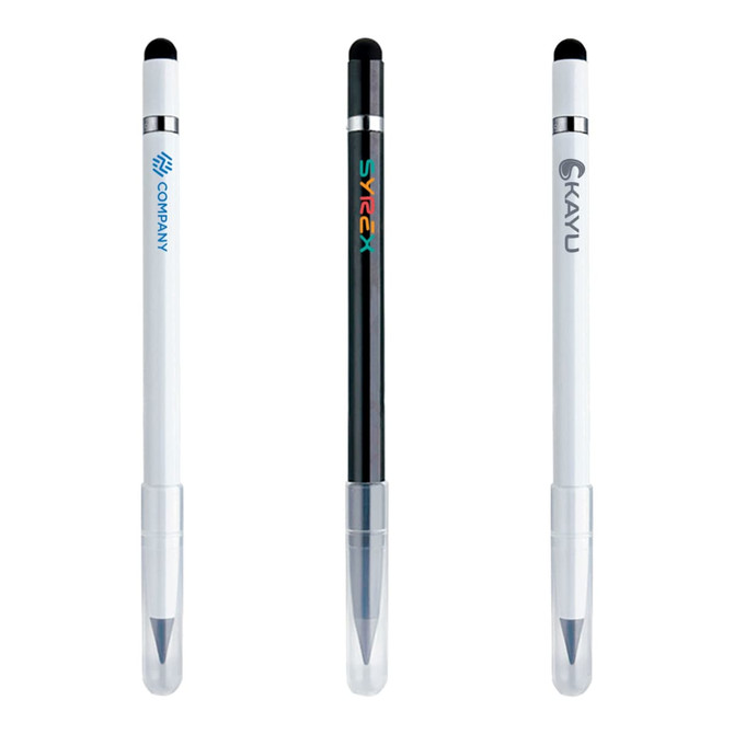 Three 3-in-1 eternal pencils in black and white, featuring a logo on one pencil and a clear sheath at the bottom.