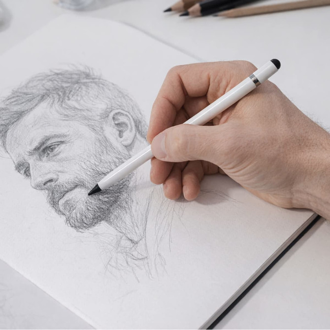 A hand holding a white pencil draws a sketch of a bearded man in a notebook. Pencils are visible in the background.