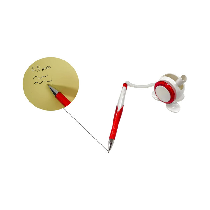 A red and white signature pen with a retractable design, featuring a spool for extended reach.