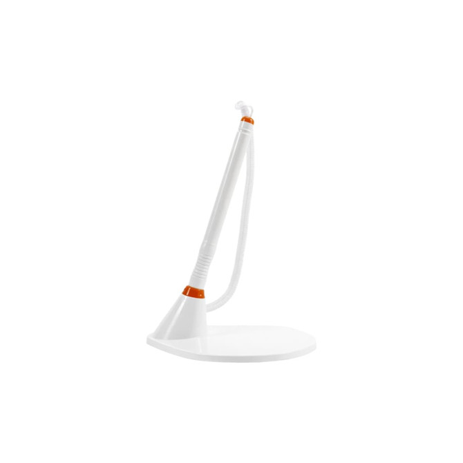 A white signature pen with an orange accent, mounted on a sturdy white base.