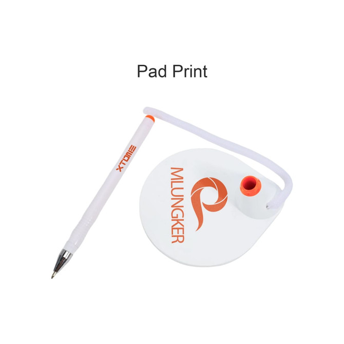 A fixed signature pen in white with an orange accent, attached to a round base with branding.