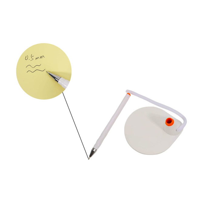 A white pen with an orange accent, next to a yellow notepad with handwritten notes. The pen is connected to a circular base.