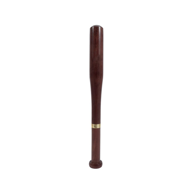 A brown baseball bat shaped pen with a gold band detail. The pen has a sleek, wooden design and includes a branding logo.