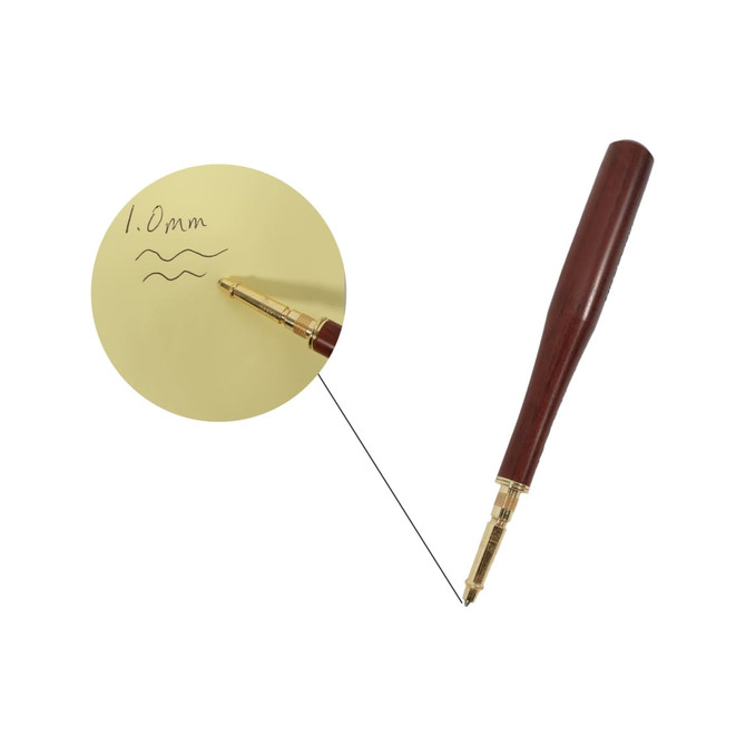 A baseball bat-shaped pen with a wooden finish and gold accents, displaying handwritten lines on a yellow background.