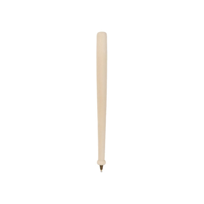 A wooden baseball bat-shaped pen in a light wood colour, featuring a logo on the side.
