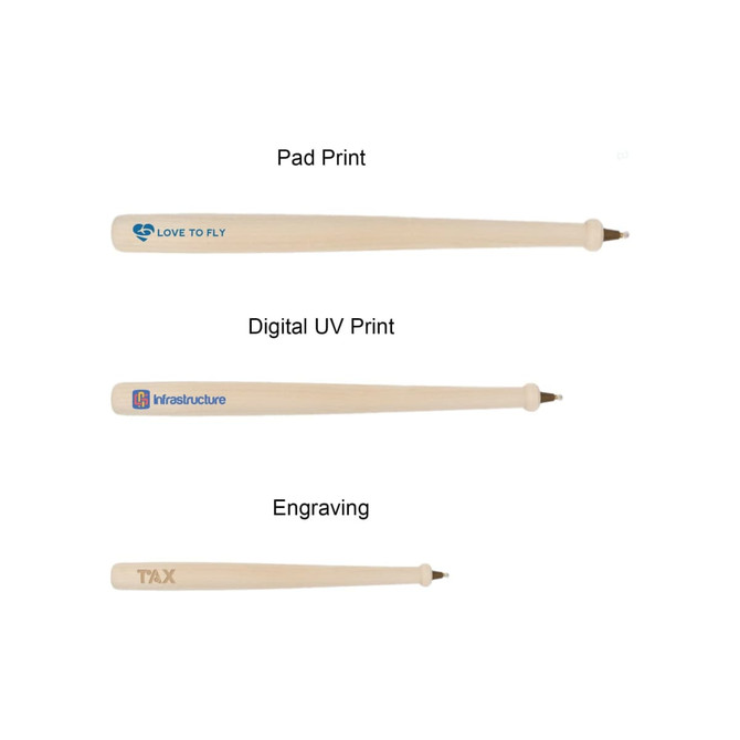 A wooden baseball bat-shaped pen in natural colour featuring multiple printing styles with different logos.