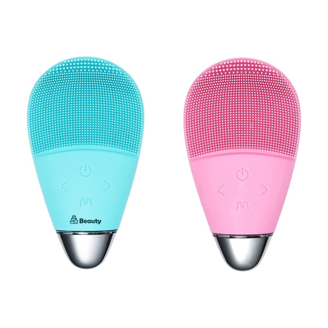 A silicone facial cleansing brush in turquoise and pink, featuring a silver base and buttons for operation.