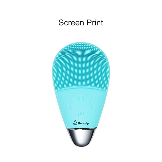 A silicone facial cleansing brush in light blue, featuring a textured surface and control buttons, with a logo.