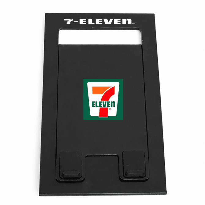 A black foldable phone stand with a logo, featuring two support clips at the base for stability.