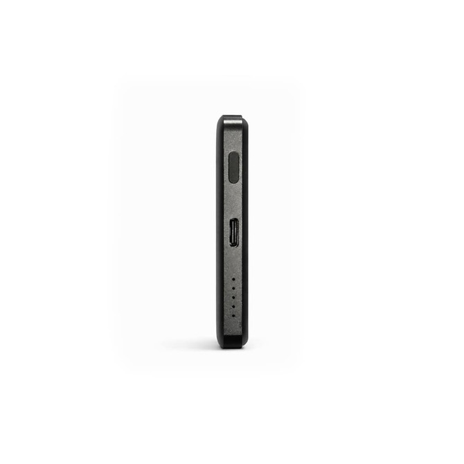 A sleek black solid state power bank with a slim profile and ports on one side, featuring a branding logo.