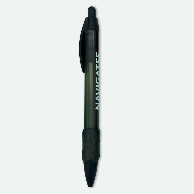 A plastic pen in dark green with a black grip and a logo on the side.