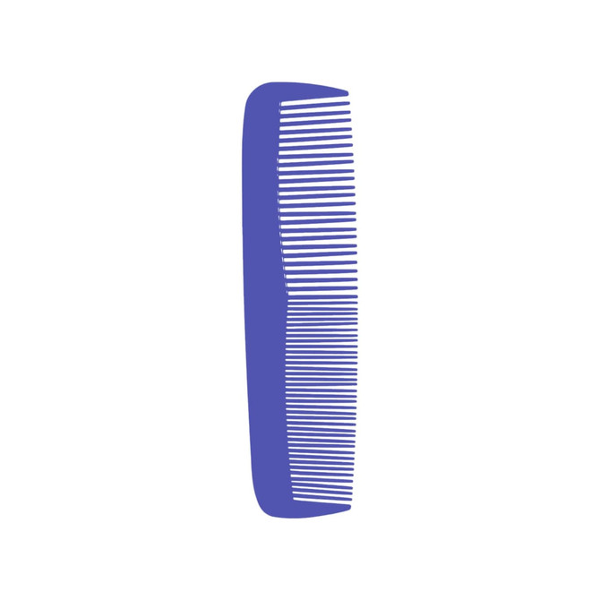 A purple custom blended-tooth comb with fine and wide teeth, featuring a logo on the side.