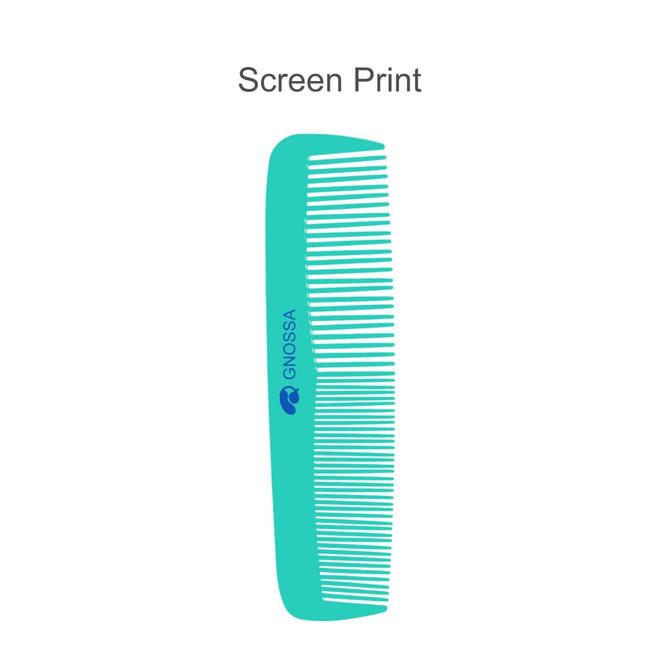 A custom blended tooth comb in teal with a logo, featuring a smooth and fine-toothed design.