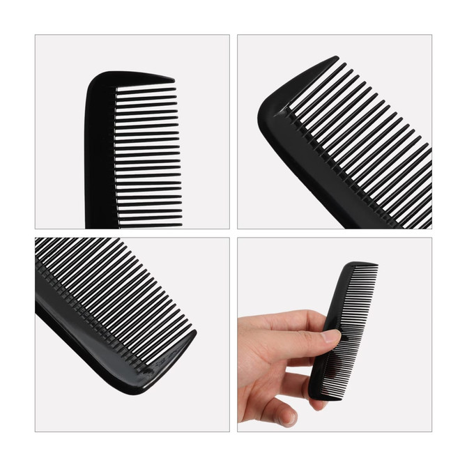 A black custom blended-tooth comb with fine and wide teeth, showcasing multiple angles and a hand holding it.