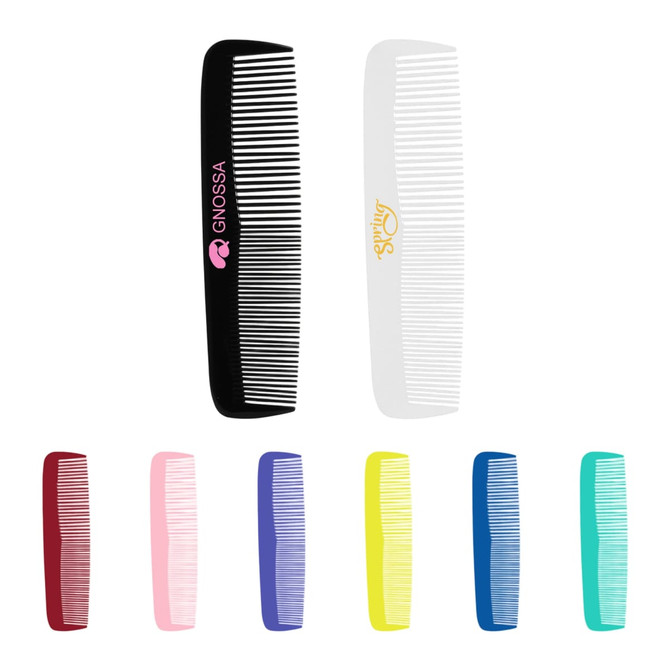 A set of custom blended-tooth combs in various colours including black, white, red, pink, purple, blue, yellow, and green.