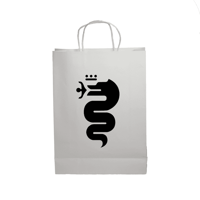 A white paper show bag featuring a black snake design and two handles.