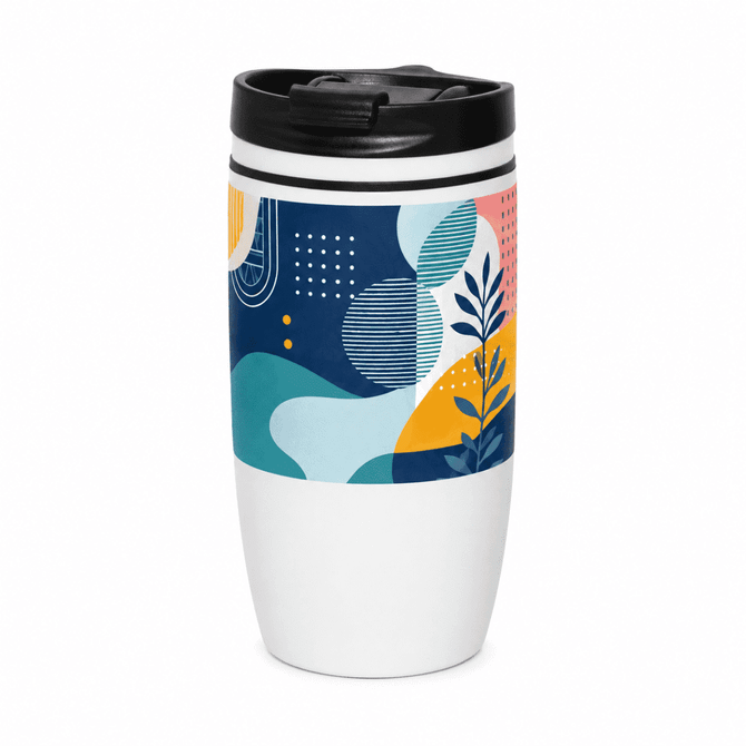 A drink bottle featuring a vibrant design with blue, green, and orange abstract patterns and a black lid.