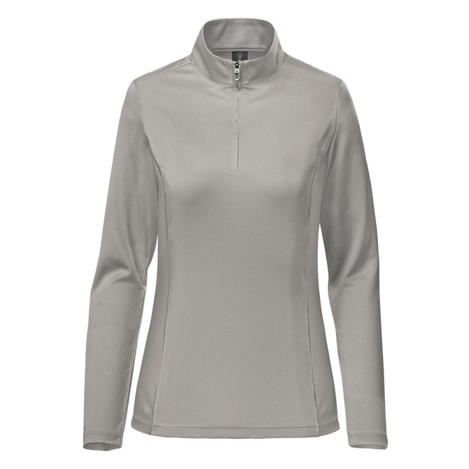 A women's light grey 1/4 zip pullover with long sleeves, featuring a collar and a discreet logo.