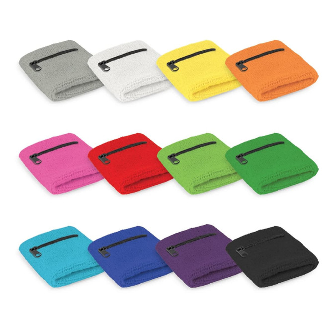 Wrist sweat bands in various colours including grey, white, yellow, orange, pink, red, green, blue, purple, and black, each with a pocket.