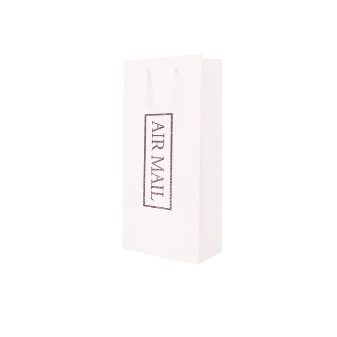 A wine bottle paper bag in white with a logo, featuring a rectangular design and handles for easy carrying.