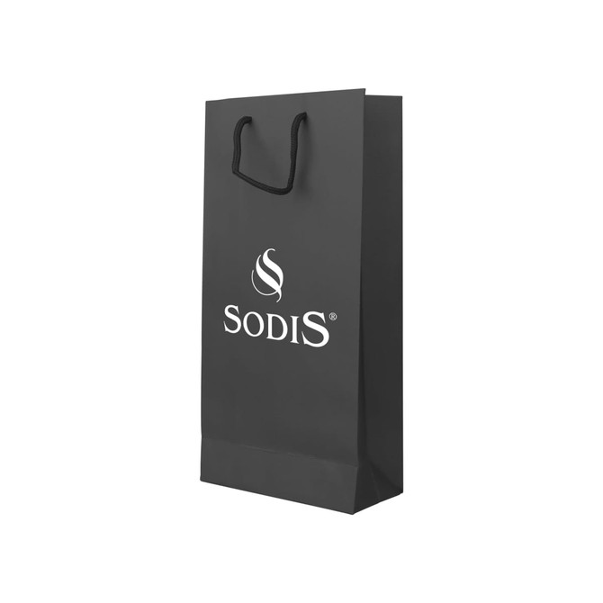 A drink bottle paper bag in black, featuring a logo, with handles for easy carrying. Dimensions: 175x360x85mm.