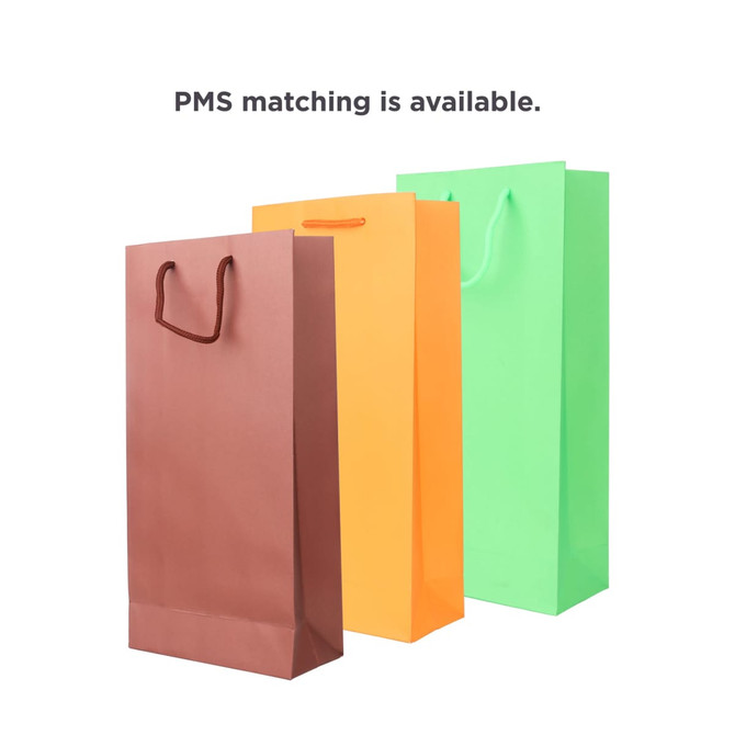 A set of three paper wine bottle bags in brown, orange, and green, each with different handles and a logo.