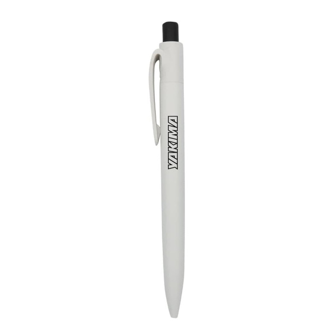 A white plastic pen with a black ink tip and a logo on the barrel.