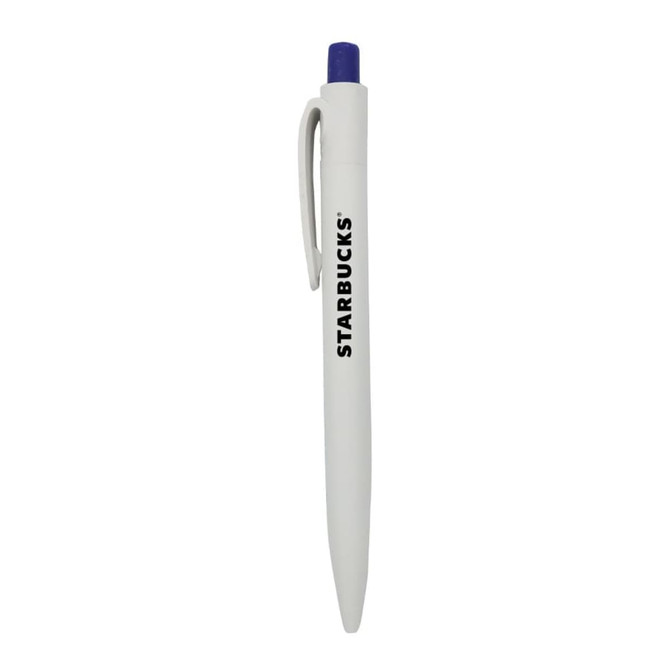 A white plastic pen with a purple cap and a logo, featuring a simple design and a clip for easy attachment.
