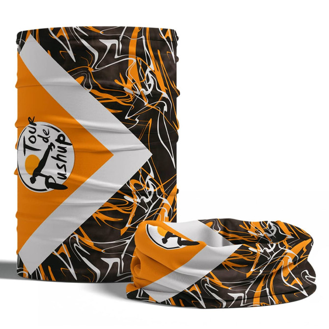 A tubular bandana in black, orange, and white featuring an abstract design and a logo.
