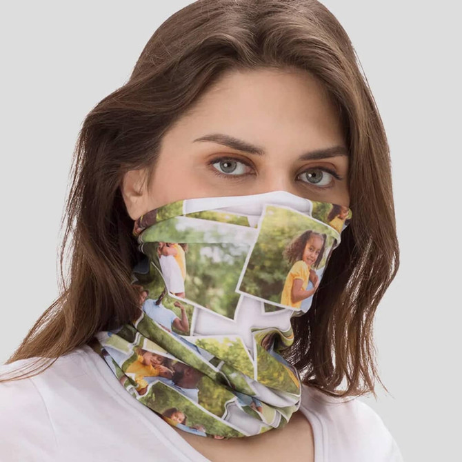 A tubular bandana featuring a multi-coloured design with various photos printed on a soft fabric.