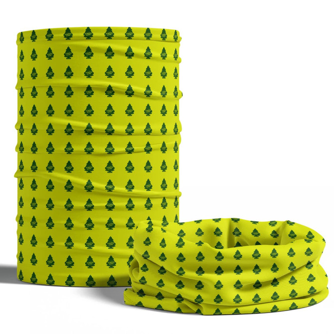 A bright yellow tubular bandana featuring a pattern of green trees, displayed in a rolled and opened position.