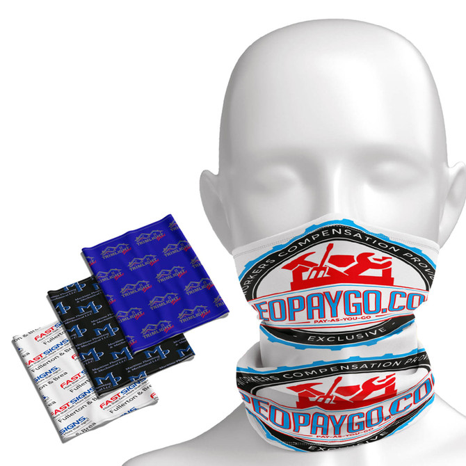 A bandana displayed on a mannequin, featuring various colours: blue, black, and white, with a logo.