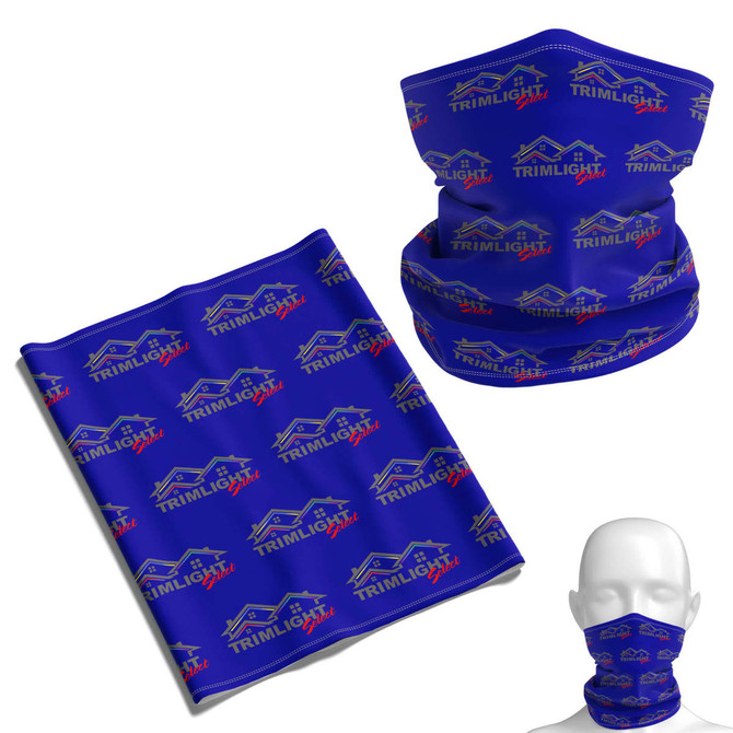 A blue Coolmax bandana with a repeating logo design, featuring a versatile shape suitable for various styles of wear.