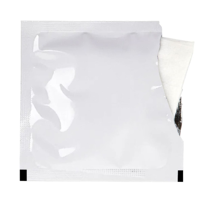 A single wet wipe in a white, sealed packet with a partially exposed wipe. The packet has a simple design.