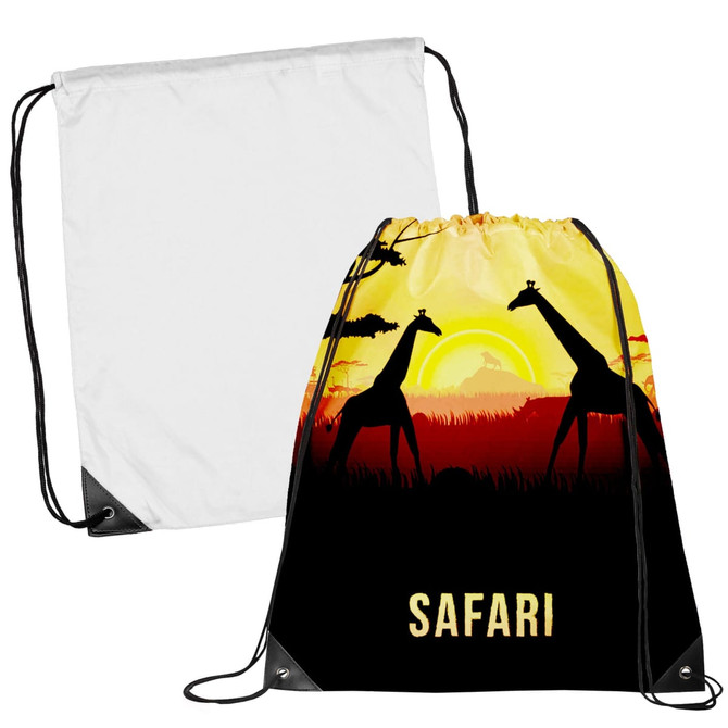 A drawstring bag featuring a sunset safari design with giraffes in silhouette, in black and white. It has a logo.