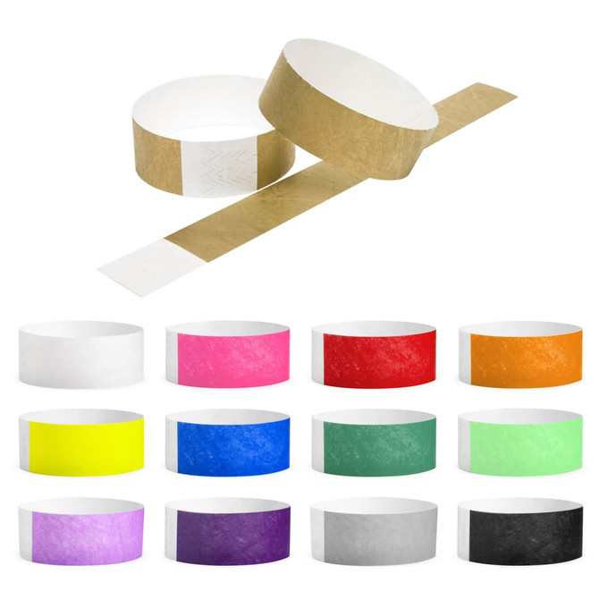 Tyvek adult wristbands in various colours, including white, pink, red, and black. Some feature a logo.