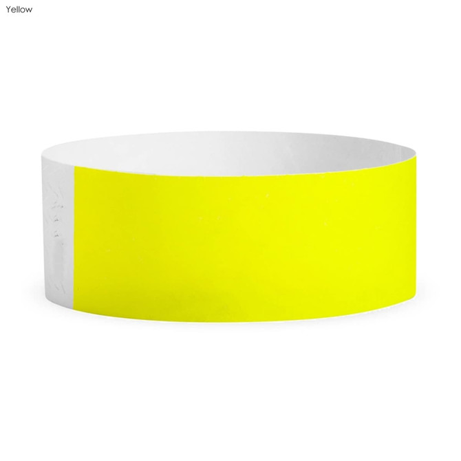 A bright yellow Tyvek adult wristband, 25mm wide, featuring a white section and a simple design.