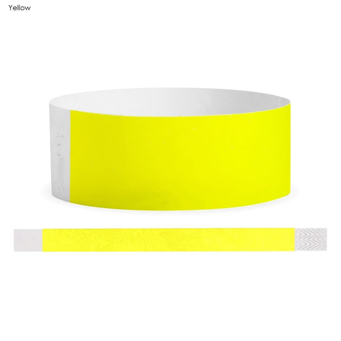 A bright yellow Tyvek adult wristband, 25mm wide, featuring a white strip with a logo. Ideal for events and exhibitions.