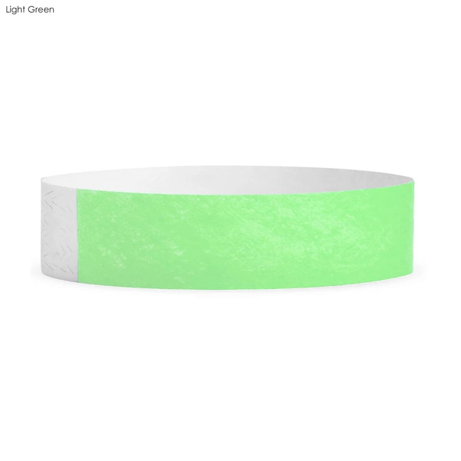 A light green Tyvek wristband with a smooth texture, featuring a logo. Suitable for events and exhibitions.