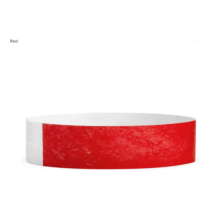 A red Tyvek kids wristband with a white section, designed for events and exhibitions, featuring a logo.