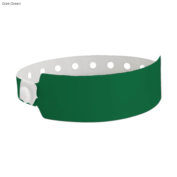 A dark green vinyl wristband featuring a fastening mechanism and multiple holes for adjustment.