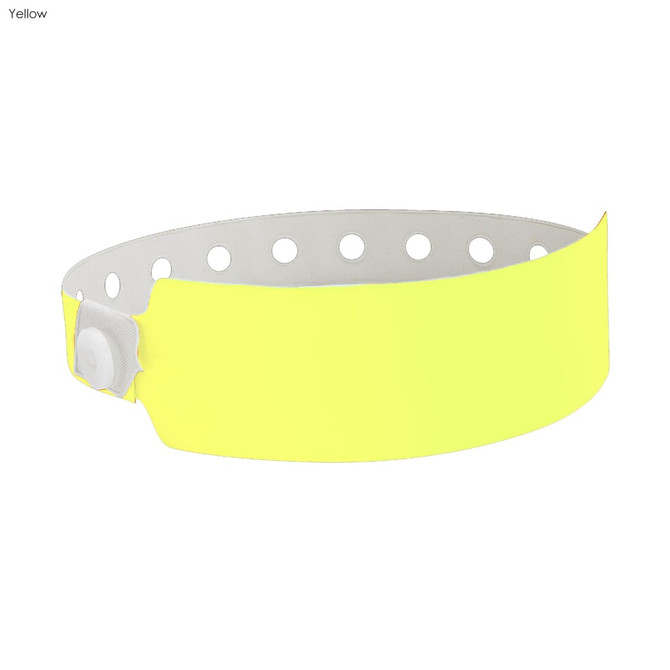 A bright yellow vinyl wristband with a secure fastening and punched holes for adjustments.