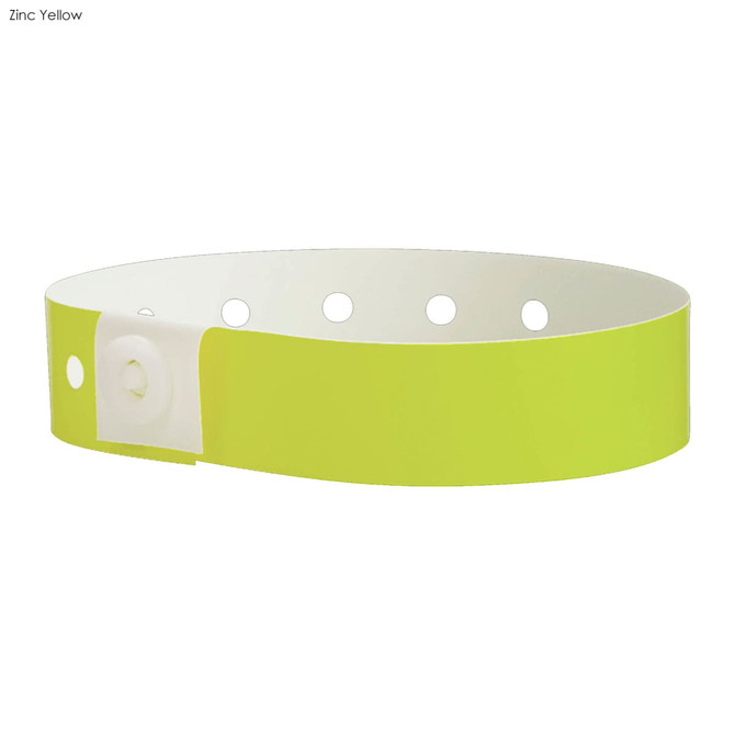 A zinc yellow vinyl wristband with a white fastening and multiple holes for size adjustment.