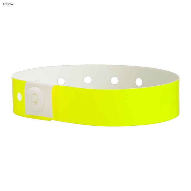 A yellow vinyl wristband with a white fastener and multiple holes for sizing adjustments.