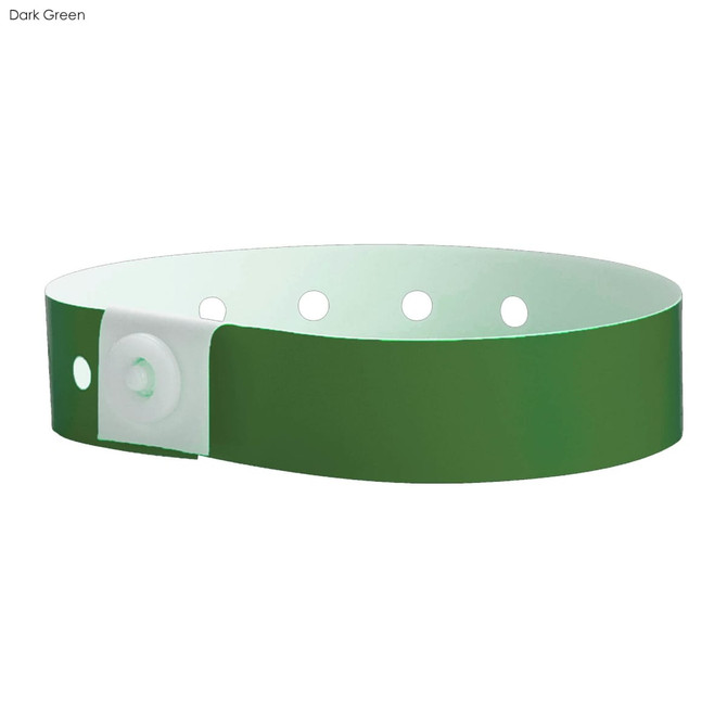 A dark green vinyl wristband with a secure fastening and multiple holes for adjustment. It has a logo present.